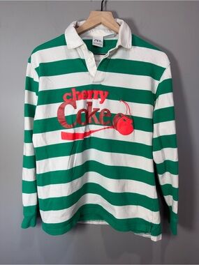 Zara‎ Cherry Coke Striped Rugby Shirt Medium Green White Coca Cola